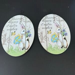 Wood Easter Decorative Bunny Signs with Metal Hanger